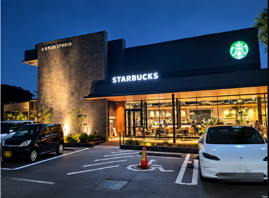 スターバックスコーヒー小平天神店の夜の外観、ドライブスルー・駐車場あり